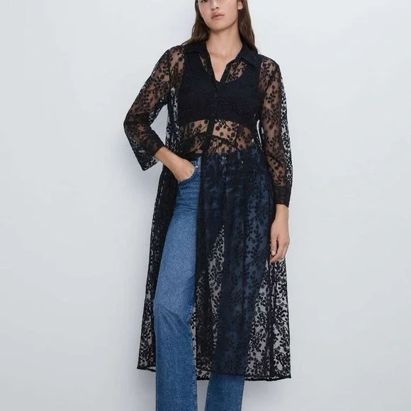 Zara Black Floral Lace Robe Kimono Dress Coverup Size L - Picture 4 of 10